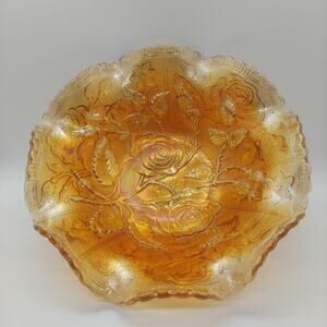 Imperial Glass Open Rose Carnival Glass Bowl Marigold Iridescent Vintage Ruffled